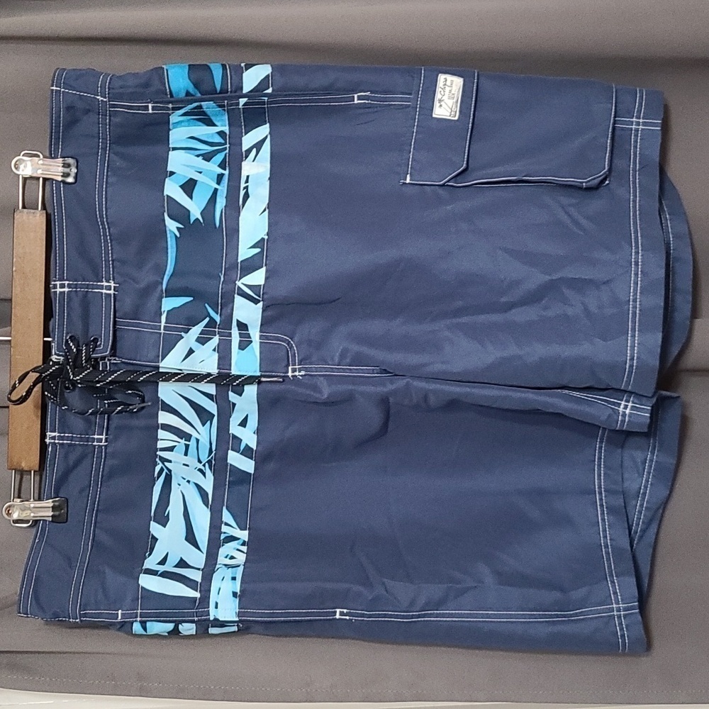 Chaps‎ Mens Swim Trunks Navy/Aqua Mesh Lining Hook&Loop/Tie Elastic Sz XL EUC